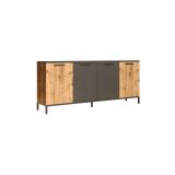 Buffet Moderno de 4 Puertas, Color Gris Oscuro-Roble