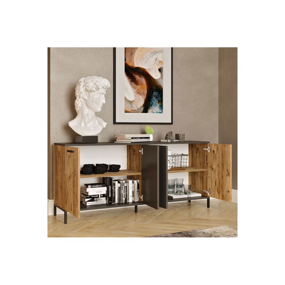 Buffet Moderno de 4 Puertas, Color Gris Oscuro-Roble