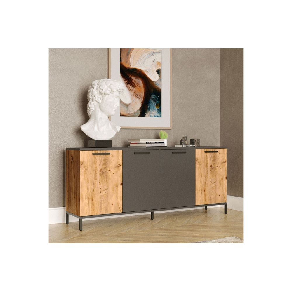 Buffet Moderno de 4 Puertas, Color Gris Oscuro-Roble