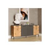 Buffet Moderno de 4 Puertas, Color Gris Oscuro-Roble