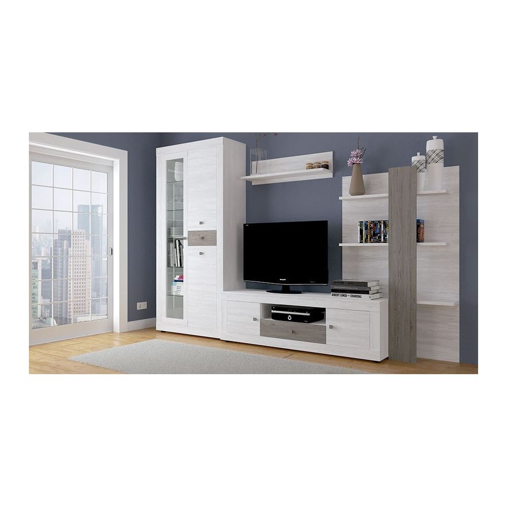 Mueble de Salón Moderno con Leds, Acabado en Andersen Pino -Gris, Medidas: 300 cm (An) x 200 cm (Al) 40 cm (Fon) - Meyvaser