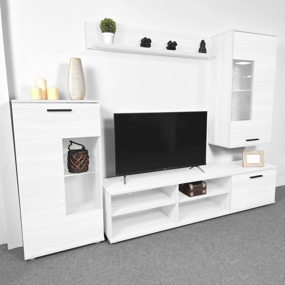 Mueble de Salón Moderno con Leds, Acabado en Andersen, Medidas: 229 cm (An) x 200 cm (Al) 38 cm (Fon) - Meyvaser