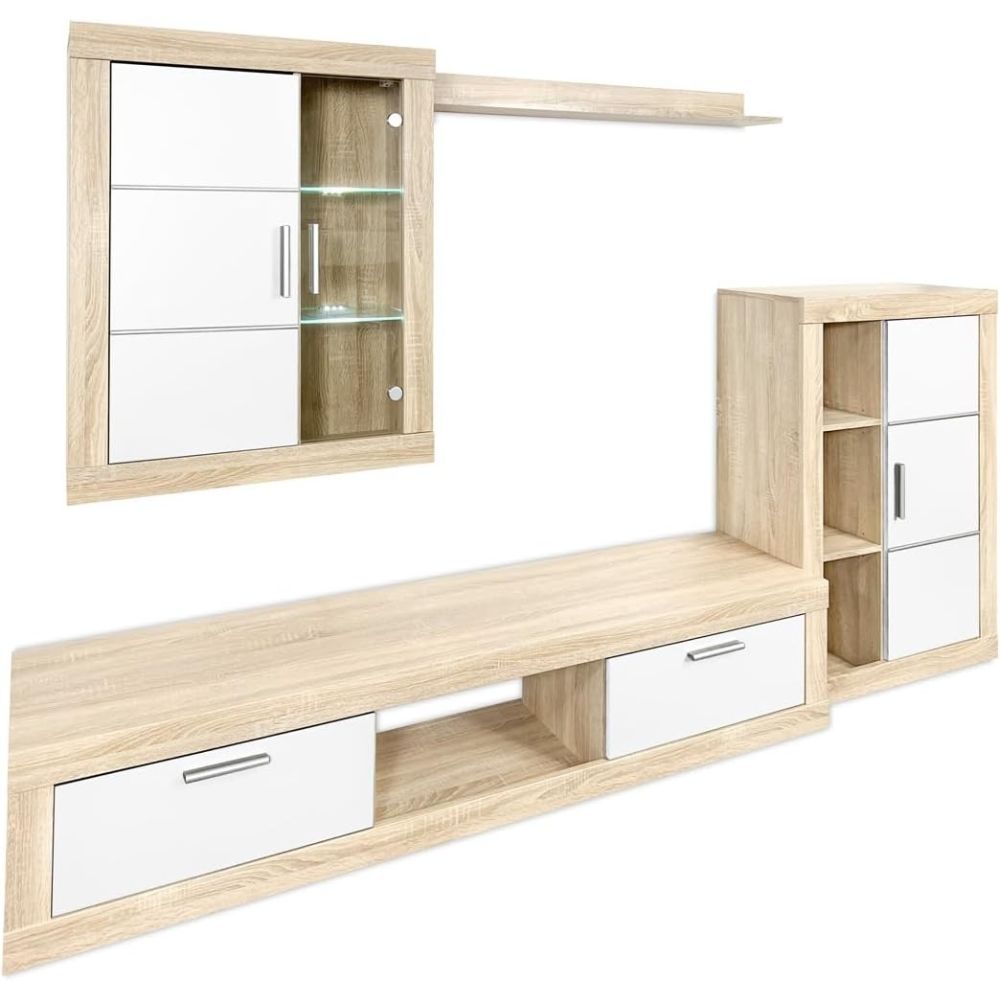 Meyvaser Mueble de salón y TV Moderno con Leds Color Cambria y Blanco Módulo de Comedor 259 Cm