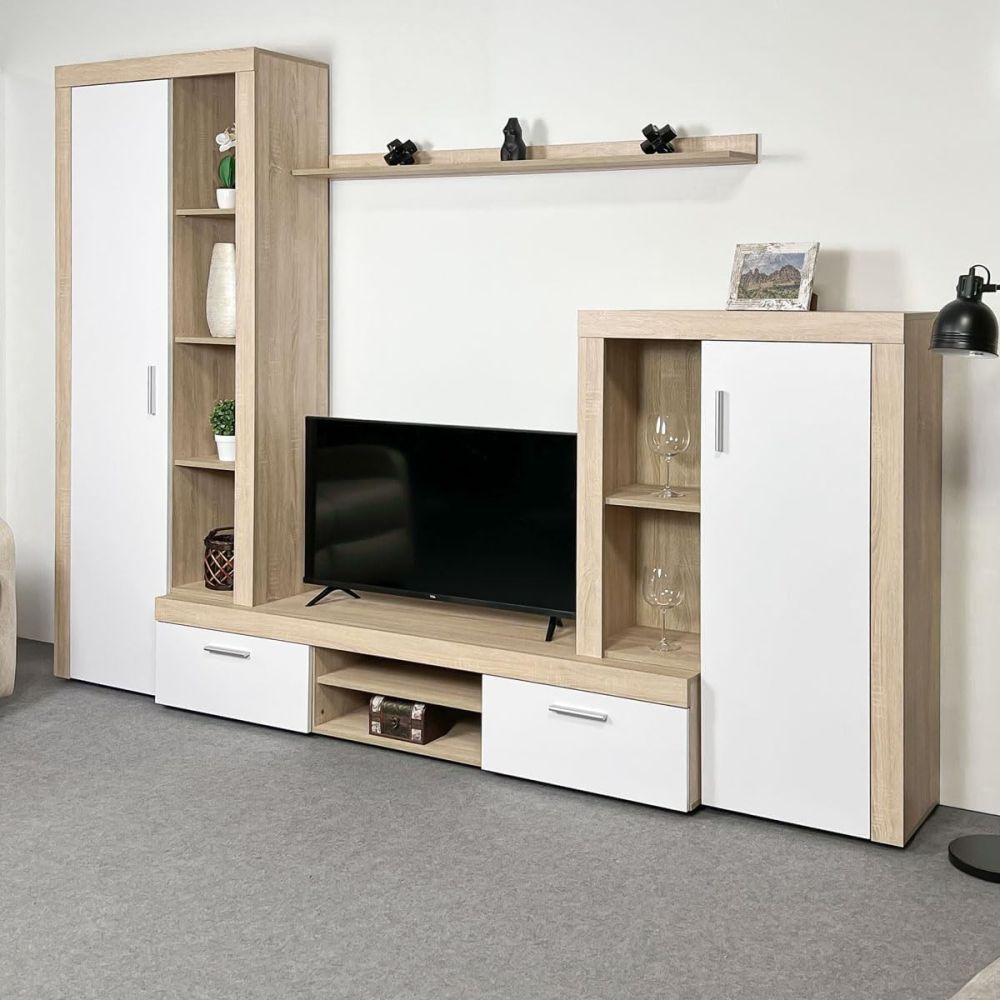 Meyvaser Mueble de salón y TV Composición de salón grande 263 Cm Cambrian-Blanco en madera de gran calidad