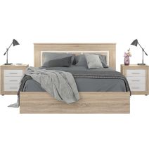 Mesita de Noche, Mesilla de Dormitorio, Acabado en Color Cambria y Blanco, Medidas: 50 cm (Lar) x 34,6 cm (Fon) x 60 cm (Al)