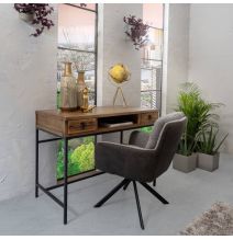 Escritorio Moderno Color Nogal con 2 Cajones y Patas Metálicas Negras – Diseño Elegante y Estable, 112x56x84 cm