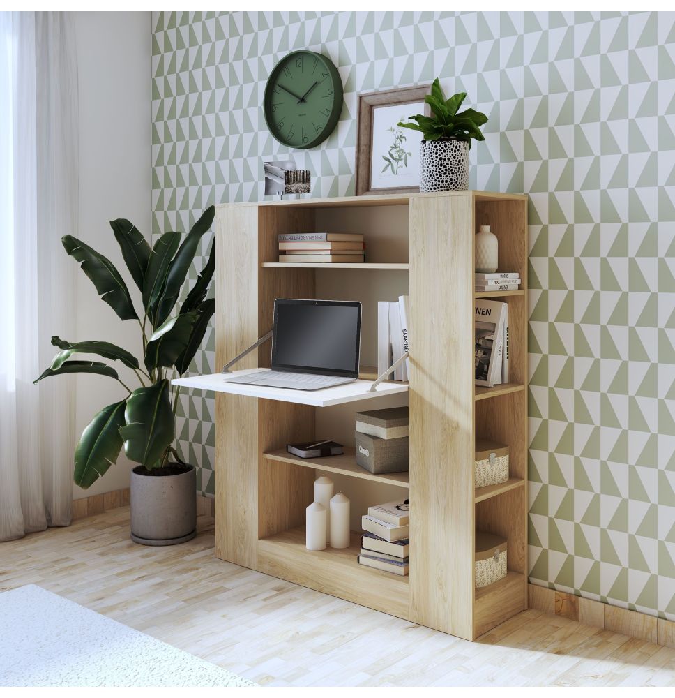 Estantería con Escritorio, Mesa de Ordenador, Acabado en Cambrian y Blanco, Medidas: 119,6 cm (Largo) x 139,6 cm (Alto) x 34,