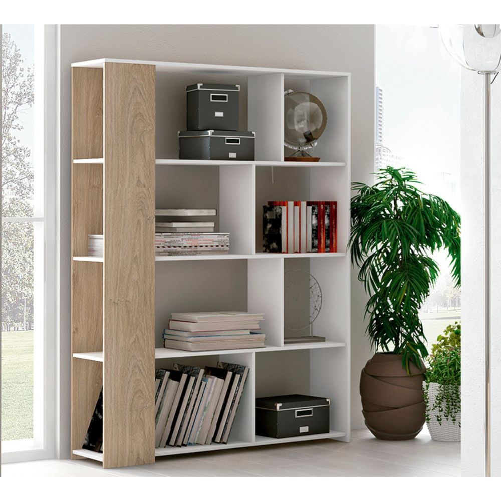 Estantería Decorativa, Librería, Acabado en Roble y Blanco