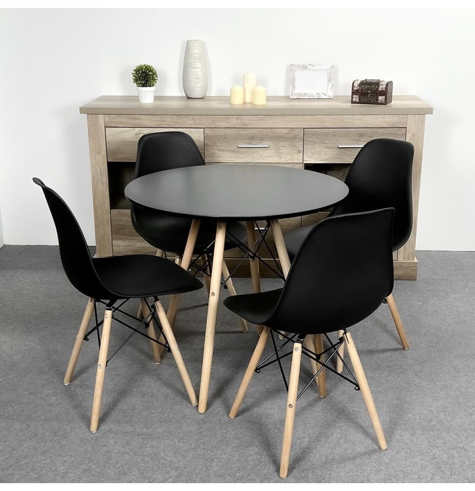 Conjunto Mesa y Sillas Nórdicas: Mesa Negra (80x80x76 cm) + 4 Sillas con Patas de Madera Haya (46,5 x 48 x 82 cm)