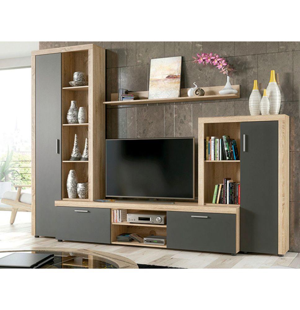Meyvaser Mueble de salón y TV Composición de salón grande 263 Cm Cambrian- Grafito en madera de gran calidad