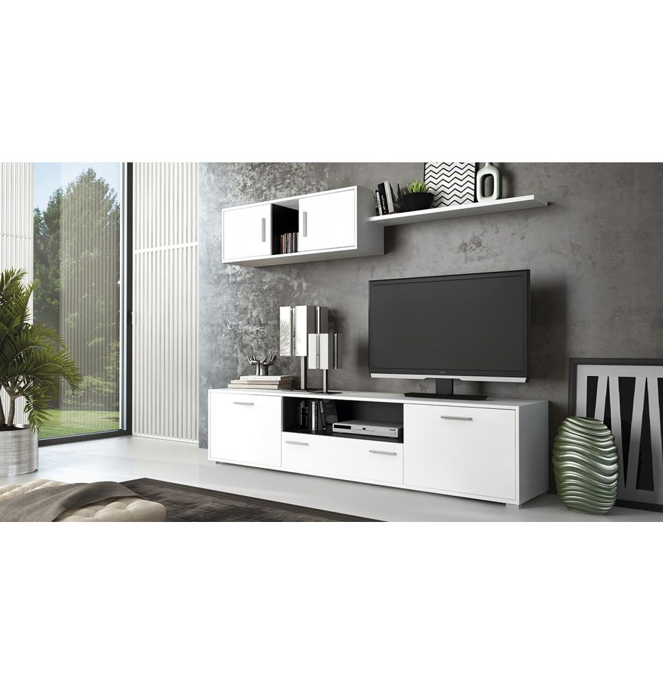 Meyvaser Mueble de salón y TV Composición para salón 200 Cm Color Blanco Gran Espacio Almacenamiento