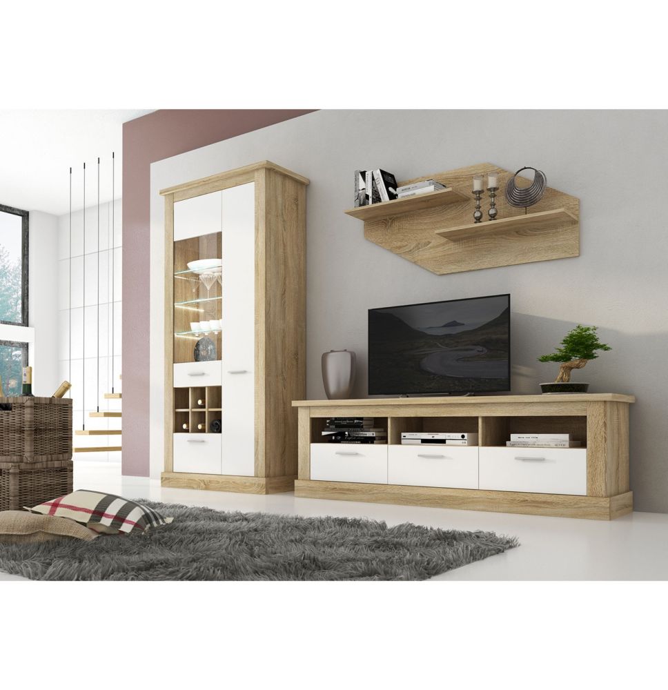 Mueble de Comedor, Mueble Salón, Acabado en Blanco y Cambria, Medidas: 276 cm (Ancho) x 201,6 cm (Alto) x 41,8 cm (Fondo)