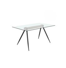 Mesa de Comedor de Cristal Templado - Patas Metálicas Negras y Travesaño de Madera | Diseño Moderno | 140x90 x 75 cm