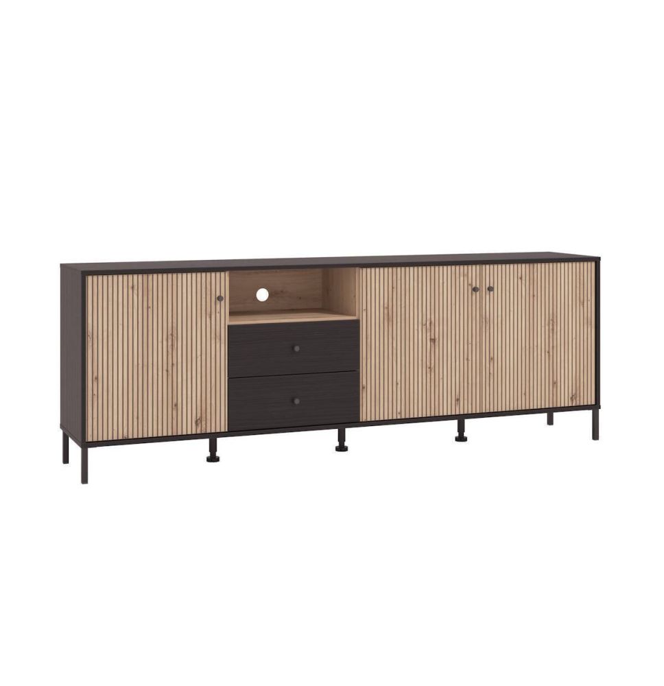 Mueble TV en Roble Artisan y Negro con 3 Puertas, 1 Hueco y 2 Cajones - Medidas 208x40x73,5 cm