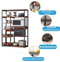 Estantería de Cocina, Estante Abierto de Pie 2 Mallas metálicas y múltiples Estantes 80x30x142cm, Color Negro y Madera