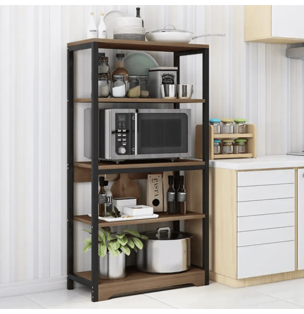Estantería de Cocina Con Marco de Metal Negro, Estante Industrial para microondas 60x30x126 Cm Color Madera y Negro