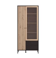Vitrina Alta en Roble Artisan y Negro con Puerta Estrecha, Puerta Acristalada y 2 Cajones - Medidas 86,5x40x195 cm