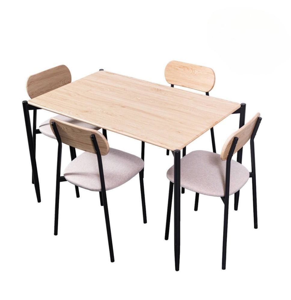 Conjunto de Mesa y 4 Sillas con Estructura Metálica Negra , Asiento en Tela Beige - Mesa 100x70x75 cm, Silla 40x44x80 cm