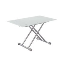 Mesa de Centro Elevable, Cristal de 8 mm y Estructura con Ruedas - Tapa Color Blanco, Mueble Moderno - Medidas 120x70x40-75 cm