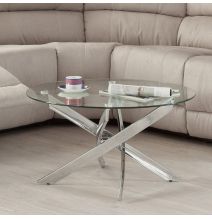 Mesa de Centro Redonda con Tapa de Cristal 8 mm y Patas Metálicas Cruzadas en Acabado Cromo - Mueble Moderno - Medidas 80x40 cm