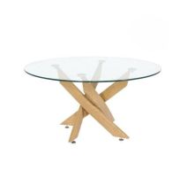 Mesa de Centro Redonda con Tapa de Cristal 8 mm y Patas Metálicas en Acabado Madera - Medidas 80x40 cm