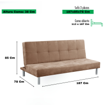 Sofá Cama 3 Plazas de Diseño Moderno, Estructura de Madera, Tapizado Color Piedra, 188x88x88 cm