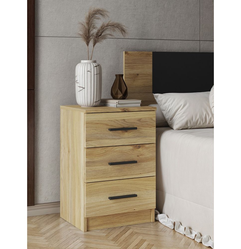 Mesita de Noche 3 cajones, Mesilla de Noche Acabado en Mauvella y Negro, Medidas: 39,6 cm (Lar) x 33,5 cm (Fon) x 59,5 cm (Al)