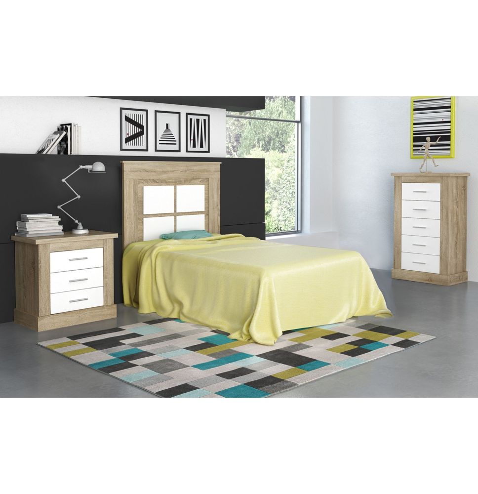 Pack Cabecero de 110 x 120 cm + 1 Mesita de Noche + Sinfonier, Color Cambria y Blanco (para Cama de 135-140 o 160)